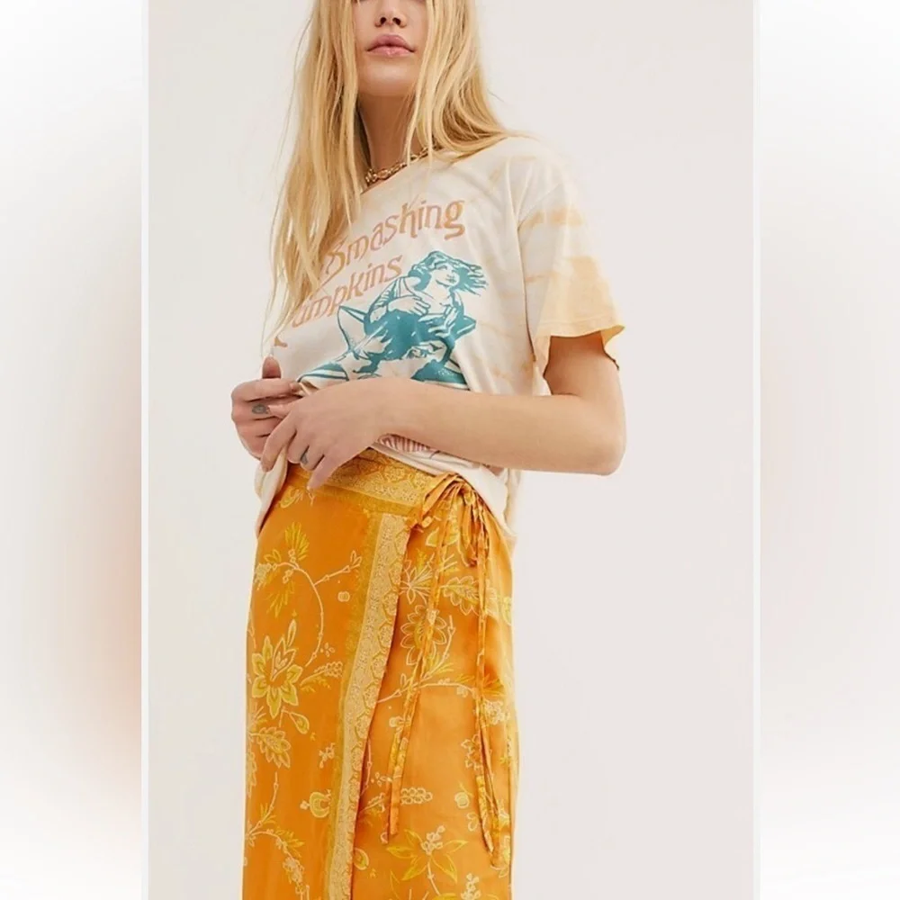 NWT $128 FREE PEOPLE Sz 0 Yasmin Border Print Wrap Midi Skirt In Orange Nectar